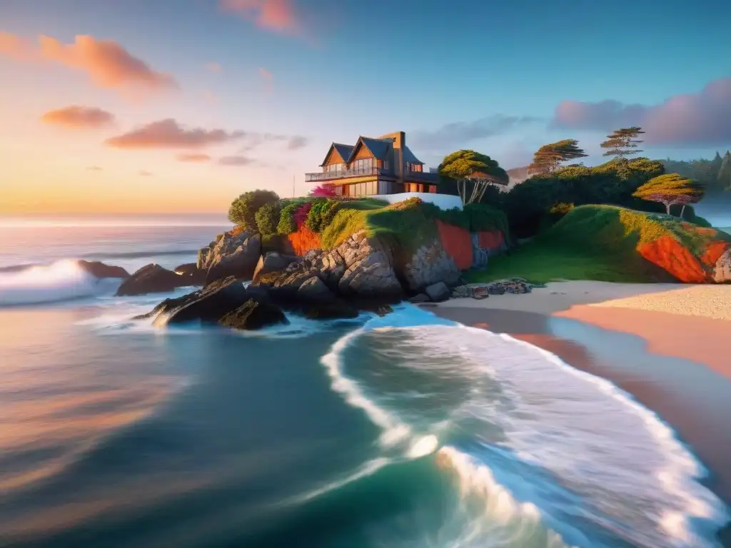 Propiedad costera al atardecer: lujo y tranquilidad en 8k Visualización en 3D de propiedades costeras al atardecer, con detalles arquitectónicos, mar brillante y cielo vibrante