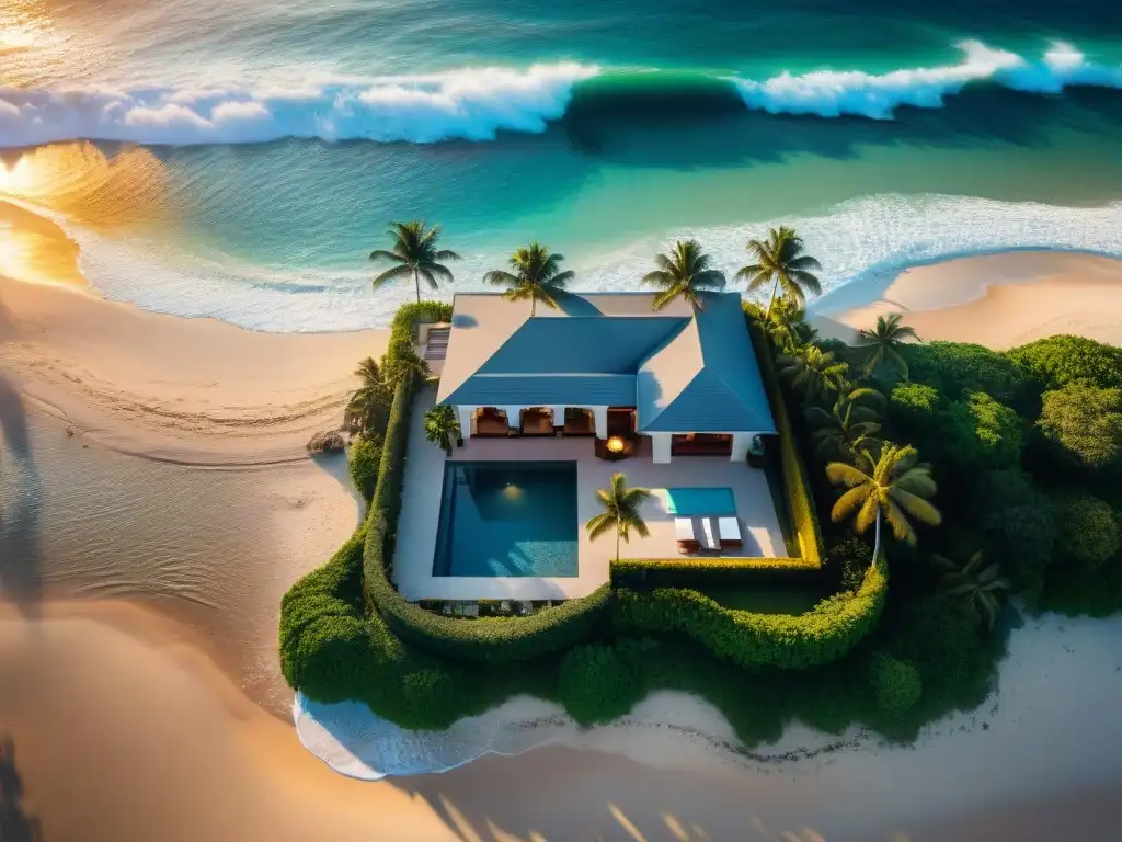 Invertir en propiedades costeras: Atardecer en una lujosa propiedad frente a la playa con piscina infinita y vistas al mar