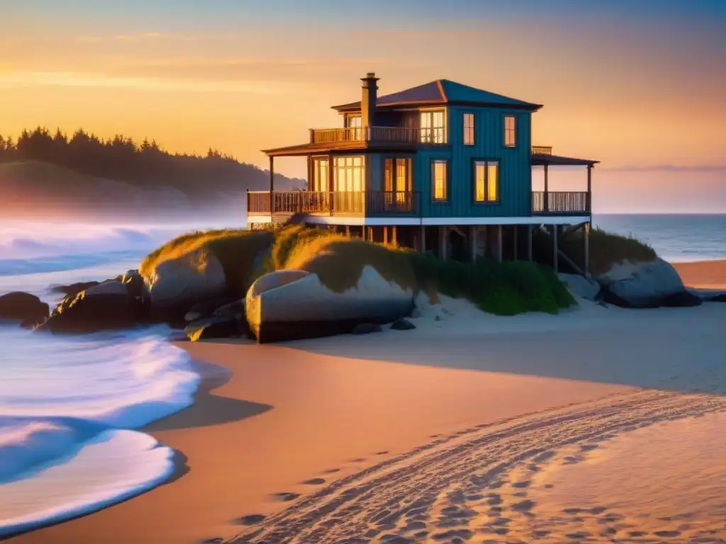 Propiedad costera al atardecer: detalles arquitectónicos en tonos vibrantes Fotografía de propiedades costeras al atardecer con luz dorada reflejada en ventanas y arena