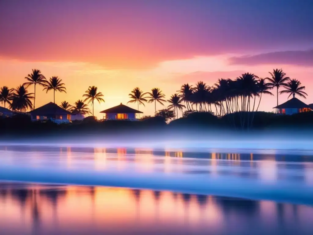 Propiedad costera al atardecer: serenidad y belleza Fotografía de propiedades costeras al atardecer con palmeras en silueta y colores vibrantes reflejados en el agua