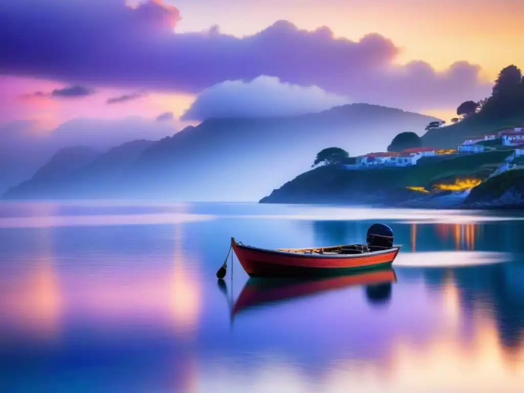 Paisaje costero al atardecer: serenidad y belleza en colores vibrantes Fotografía de propiedades costeras al atardecer con tonos vibrantes y un bote solitario en el mar