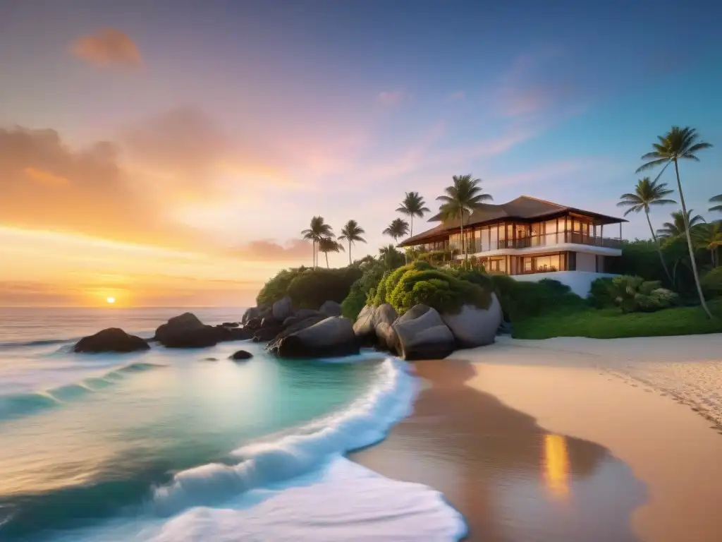 Atardecer de ensueño en villa de lujo frente al mar Inversión en propiedades costeras: Atardecer vibrante sobre lujosa villa en la playa, pareja caminando