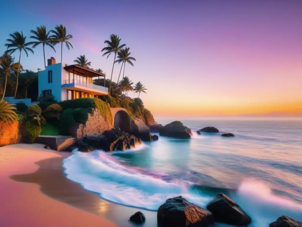 Residencia costera al atardecer: oasis de tranquilidad y belleza Fotografía de propiedades costeras bañadas en la cálida luz dorada del atardecer, con olas suavemente rompiendo en la orilla, cielo rosado, naranja y morado, y arquitectura elegante en un acantilado con palmeras ondeando