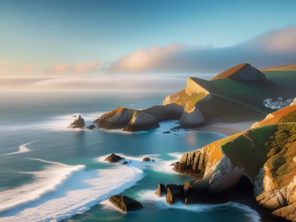 Costa rocosa al amanecer: luces doradas y sombras dramáticas Fotografía de propiedades costeras bañadas en la luz natural del amanecer, con acantilados rocosos y el mar tranquilo al fondo