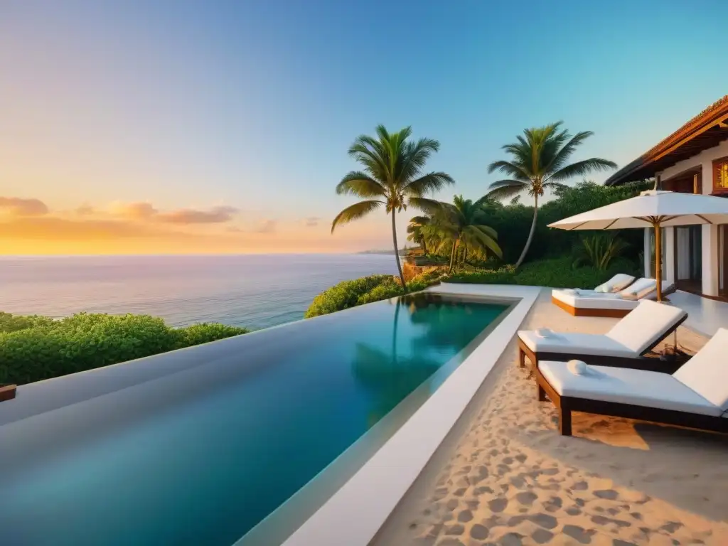 Villa de lujo en la costa al atardecer: ¡Inmersión 8k! Propiedades costeras con cámaras 360°: Villa de lujo frente al mar en la hora dorada, con palmeras, piscina infinita y playa
