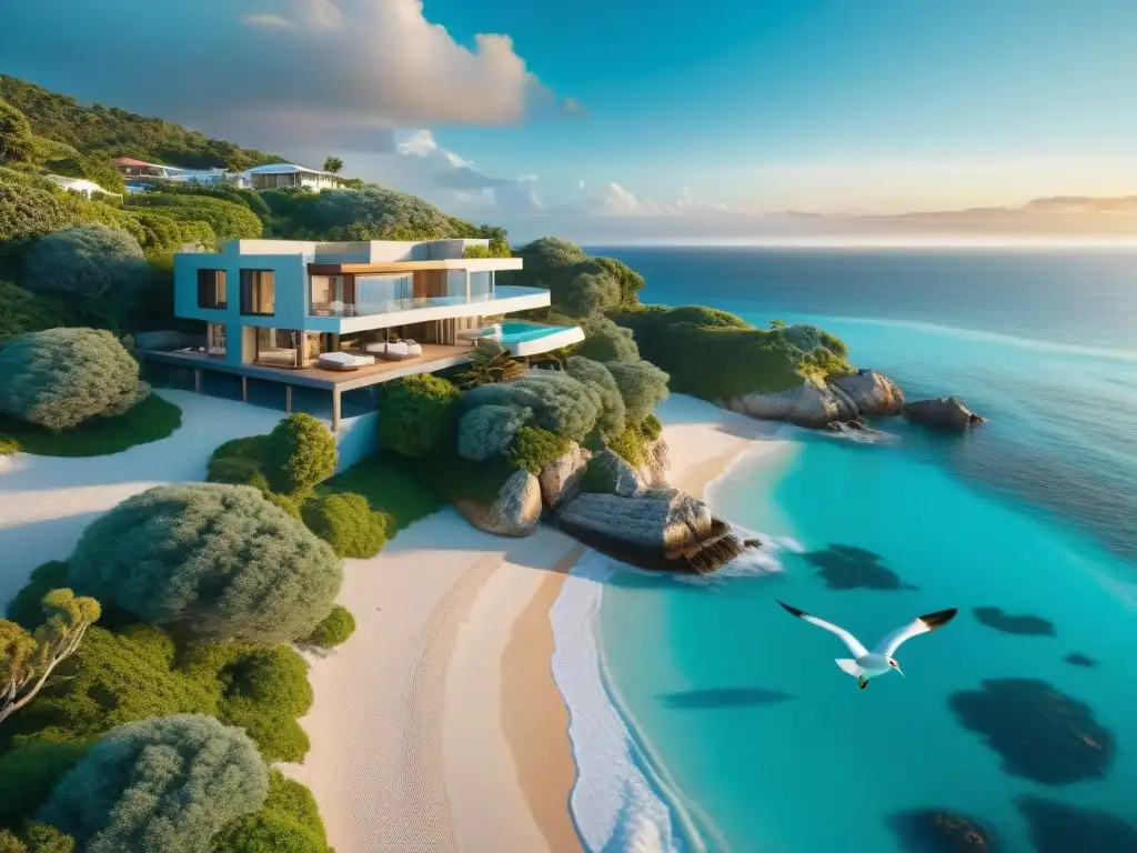 Propiedad costera de ensueño: villa de lujo en entorno natural Propiedades costeras con cámaras 360°: lujosa villa frente al mar al atardecer con playa, aguas turquesas y naturaleza exuberante