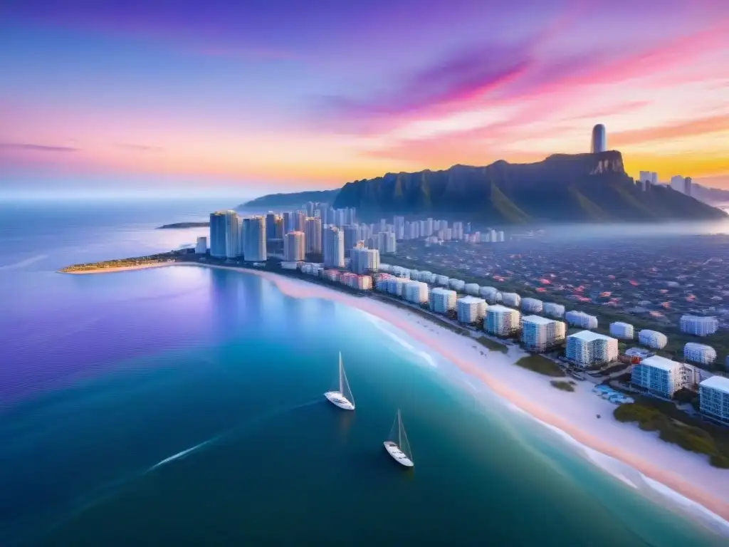 Deslumbrante ciudad costera al amanecer: modernidad y encanto marítimo Invertir en propiedades costeras: Ciudad costera vibrante al amanecer, con rascacielos modernos, playas y barcos en el mar