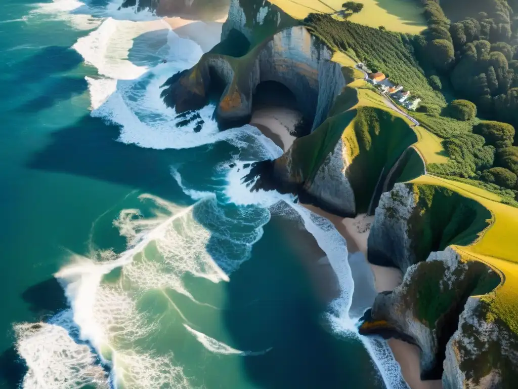 Costa dinámica: olas poderosas chocan contra acantilados Propiedades costeras: compra con riesgos y belleza cruda de acantilados erosionados por el mar