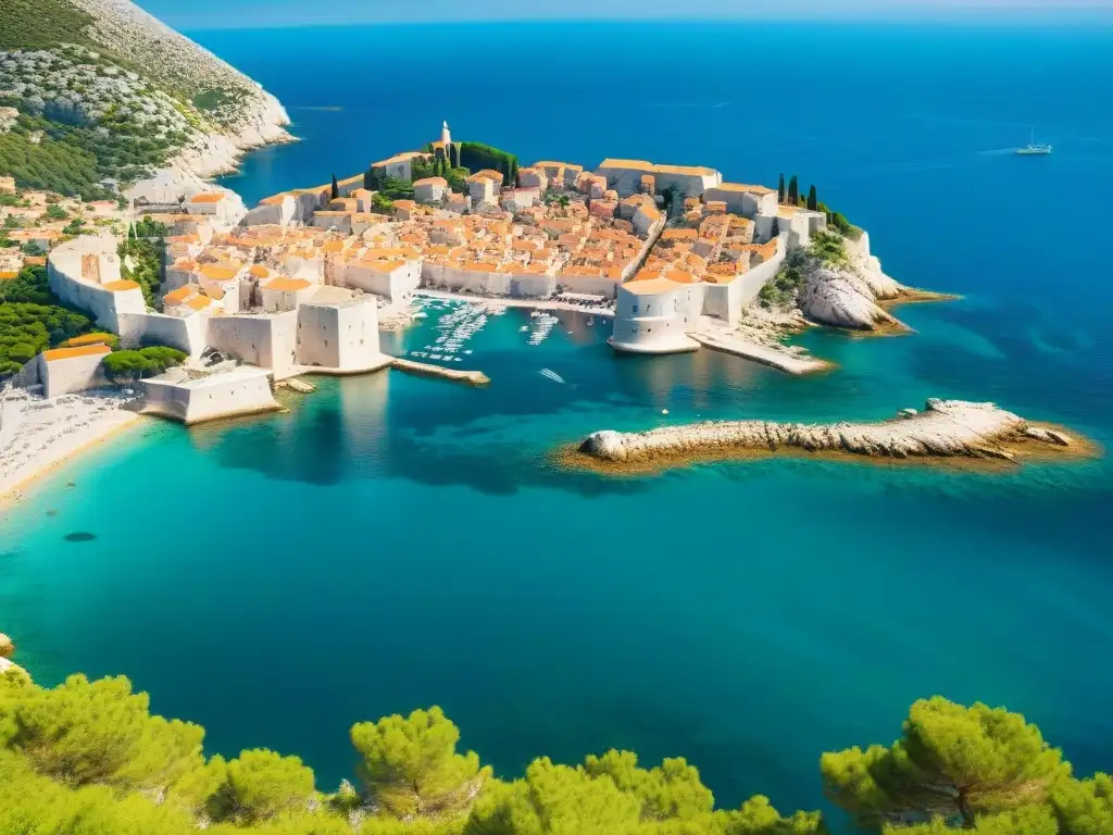 Costa de Dalmacia: belleza ancestral en el Adriático Propiedades costeras en Dalmacia: Mar Adriático cristalino, costa rocosa de Dubrovnik y barco tradicional con velas coloridas