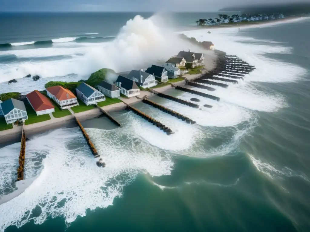 Comunidad costera resiliente preparada para tormentas Propiedades costeras superando desastres: comunidad resiliente ante la tormenta mientras se prepara en la playa