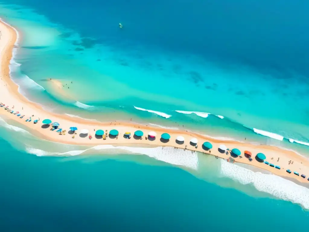 Costa turquesa: paraíso playero vibrante Propiedades costeras destinos turísticos: Playa vibrante con aguas turquesa, sombrillas coloridas y turistas disfrutando el día soleado