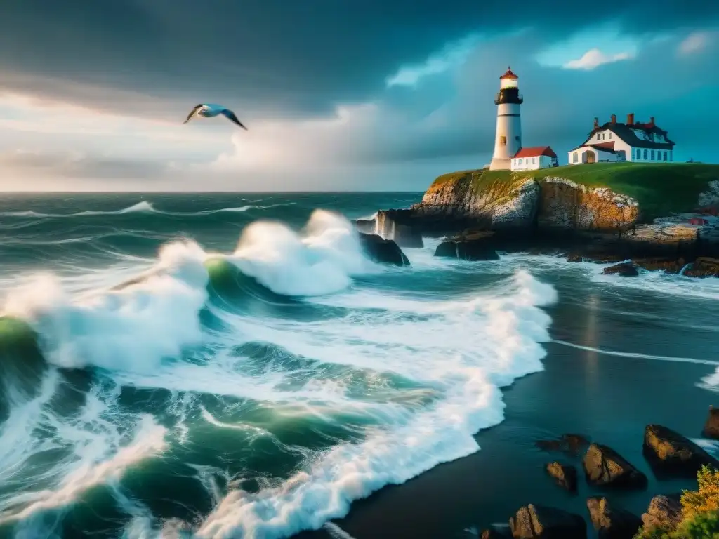 Costa salvaje: faro histórico en día nublado Fotografía de propiedades costeras en días nublados con un faro centenario y olas rompiendo, cielo dramático y aves marinas