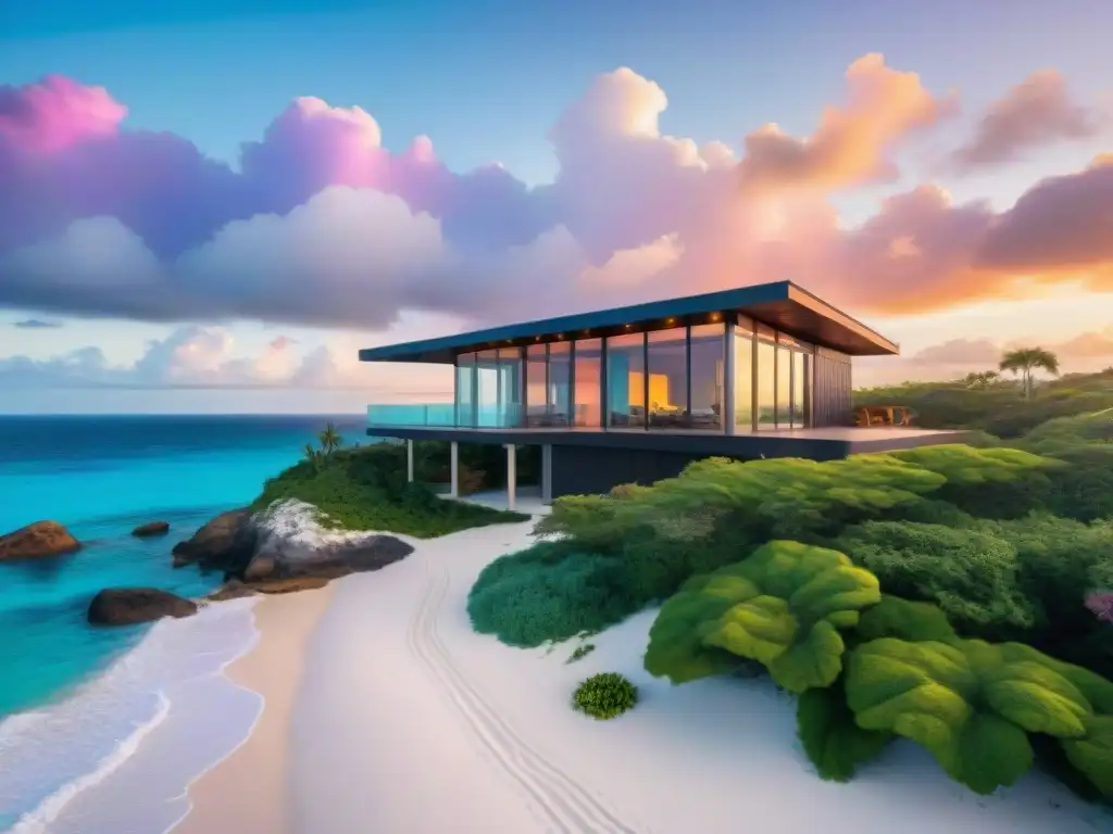 Propiedad costera ecológica: sostenibilidad y armonía Inversión en propiedades costeras ecoamigables: casa moderna con paneles solares, jardín verde y vista a la playa cristalina al atardecer