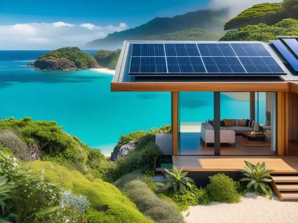 Propiedad sostenible de lujo frente al mar con paneles solares Inversión en propiedades costeras ecoamigables: casa sostenible con paneles solares, jardín nativo y vistas al mar turquesa