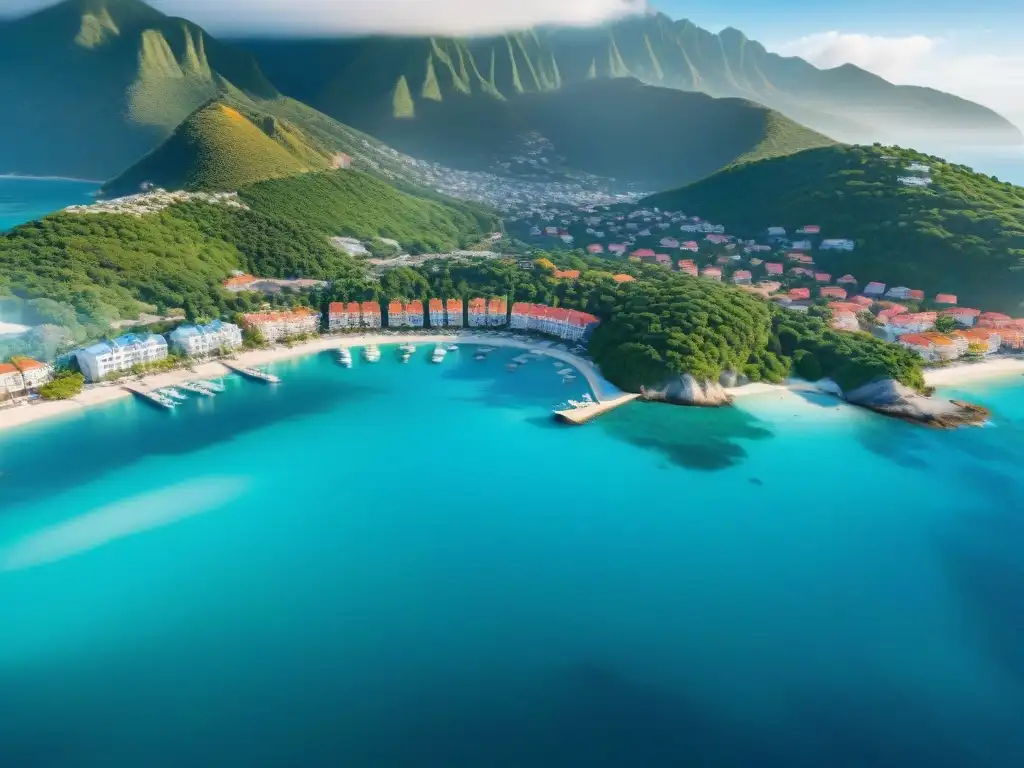 Costa vibrante: lujo y naturaleza en armonía Inversión en propiedades costeras emergentes: Una ciudad costera vibrante con aguas turquesas, cafés y yates de lujo en un día soleado