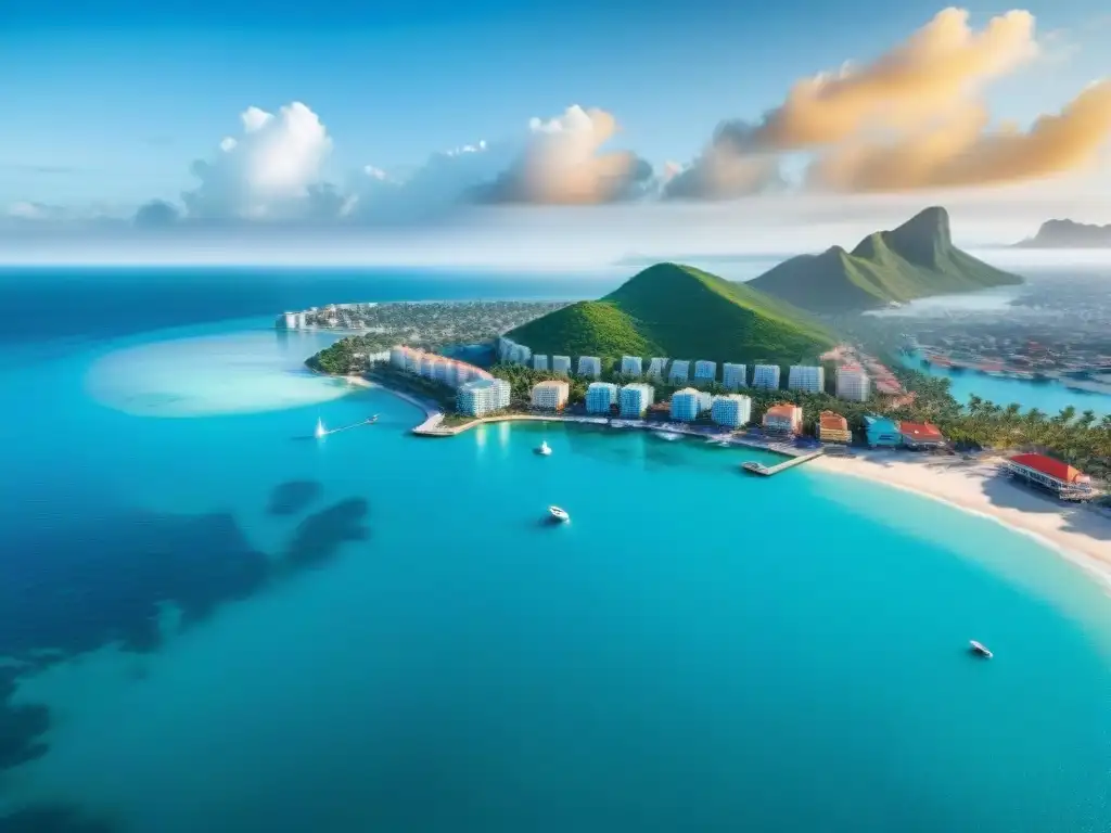 Costa tropical: ciudad costera vibrante y próspera Inversión en propiedades costeras emergentes: Vista aérea de un pueblo costero vibrante con aguas turquesas, edificios coloridos y palmeras