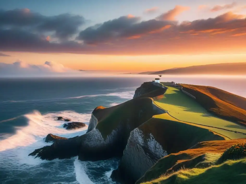 Atardecer impresionante en acantilado costero Fotografía propiedades costeras emocionante: Atardecer impresionante sobre acantilado, con colores vibrantes reflejados en el mar