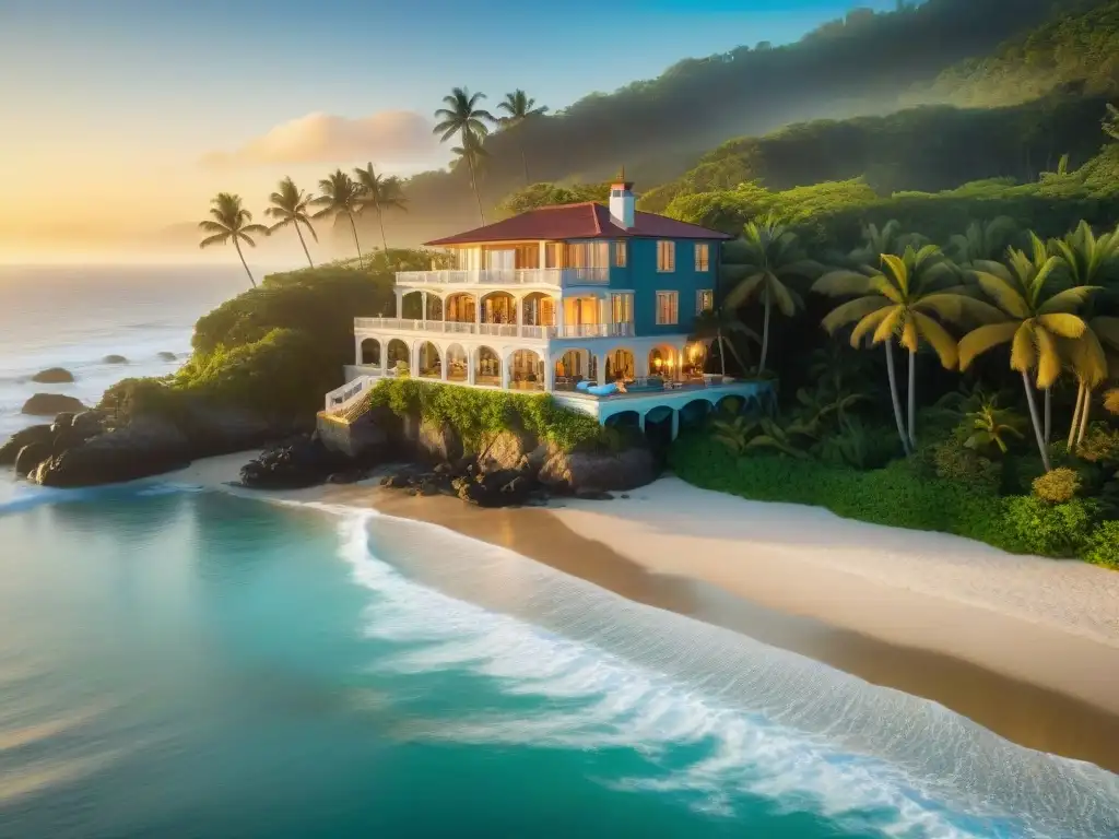 Propiedad costera de ensueño al atardecer Propiedades costeras de ensueño: Una casa lujosa en la playa al atardecer, con el sol dorado iluminando la arena y el mar