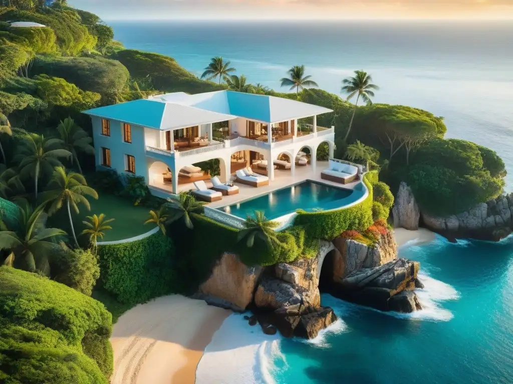 Residencia de lujo en acantilado con vistas al mar Propiedades costeras de ensueño: Mansión de lujo en acantilado con vistas al mar turquesa y atardecer dorado