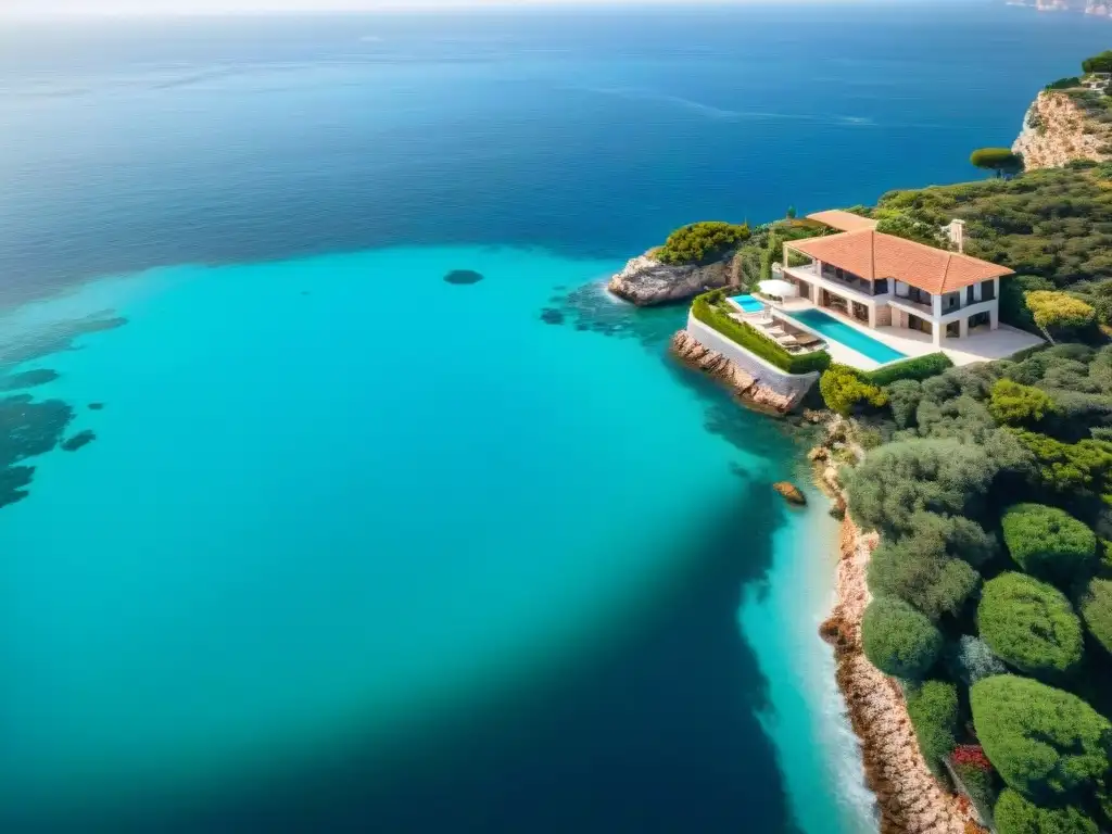 Residencia de lujo en acantilado: vista aérea en el Mediterráneo Propiedades costeras de ensueño: Mansión de lujo en acantilado con vistas al mar Mediterráneo y piscina infinita privada
