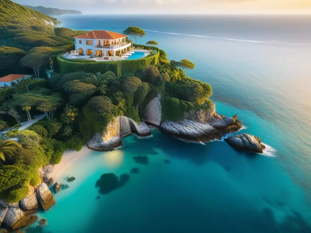 Residencia de lujo en acantilado con vistas al mar turquesa Propiedades costeras de ensueño: mansión lujosa en acantilado con vistas al mar turquesa al atardecer