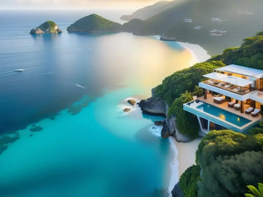 Villa de lujo con vista al mar y piscina infinita al atardecer Propiedades costeras de ensueño: lujosa villa en acantilado con vista al mar turquesa al atardecer, pareja disfrutando cócteles en terraza