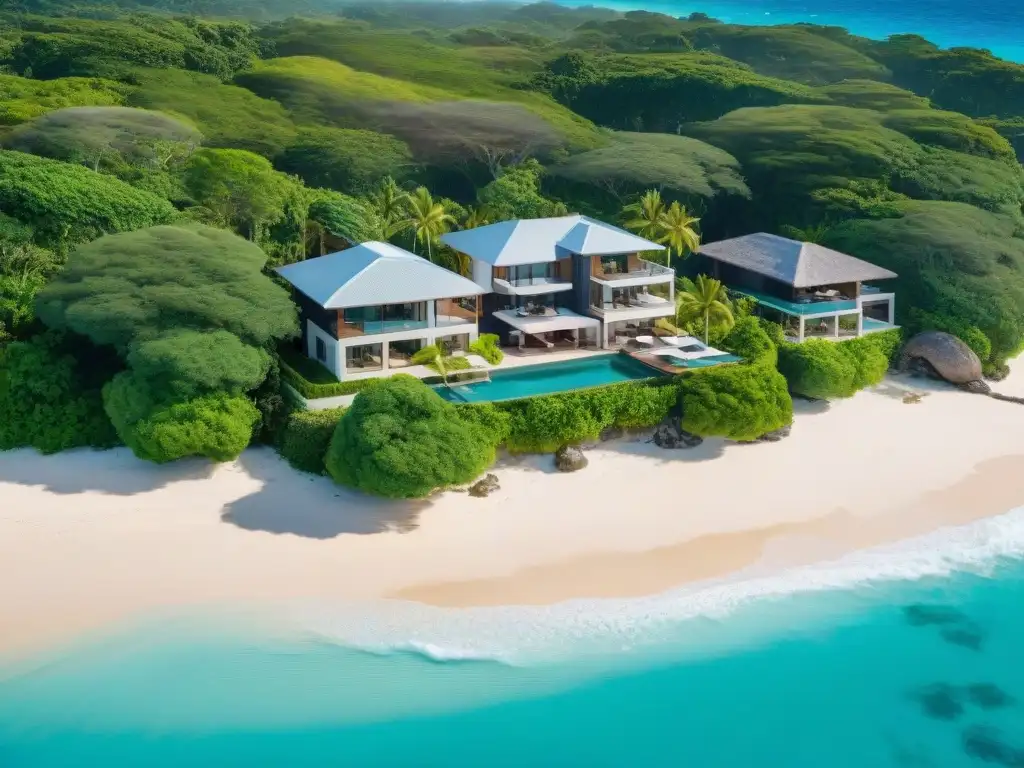 Propiedad costera de lujo: aguas turquesas y playas de ensueño Propiedades costeras para invertir: Espectacular vista aérea de lujosas villas frente al mar, playas de arena blanca y aguas turquesas