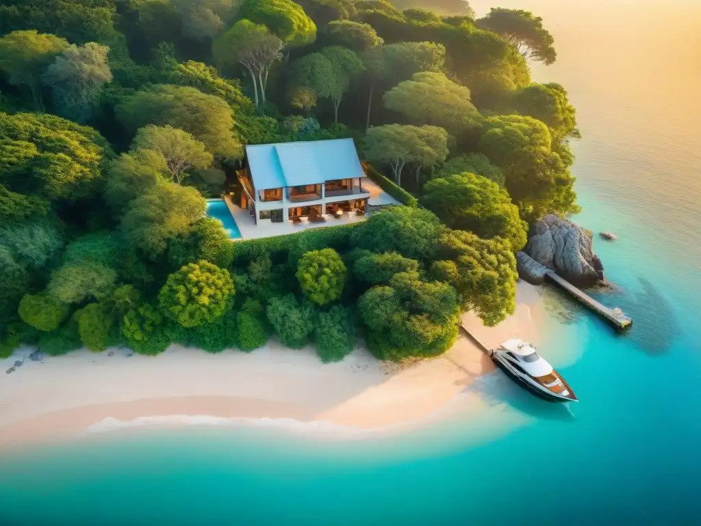 Mansión de lujo en playa privada al atardecer Propiedades costeras exclusivas mercado: vista aérea de una playa privada con agua turquesa, vegetación exuberante, mansión lujosa y yate al atardecer