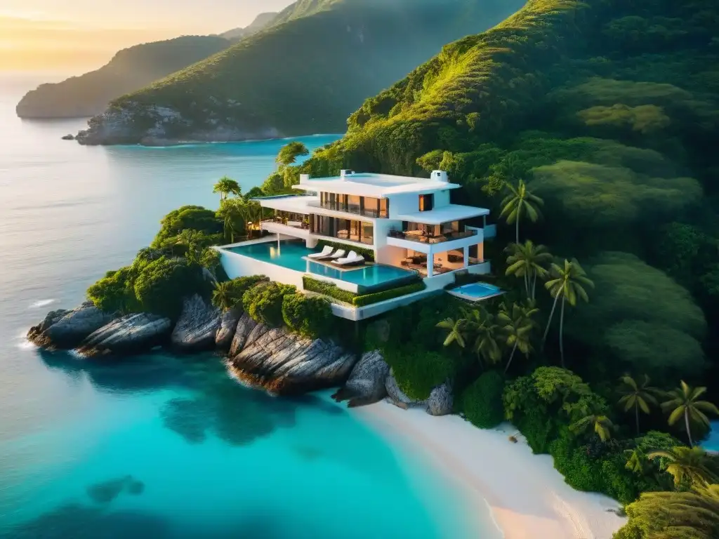 Residencia de lujo en acantilado con vista al mar Propiedades costeras exclusivas del mundo: Mansión de lujo en acantilado con piscina infinita y helipuerto al atardecer