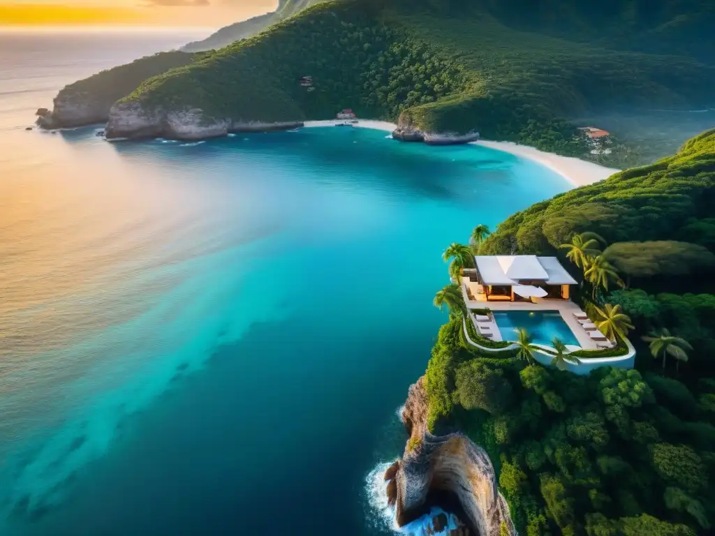 Propiedad costera de lujo con piscina infinita y vista al mar Propiedades costeras exclusivas y privadas: Mansión de lujo con piscina infinita en acantilado al atardecer