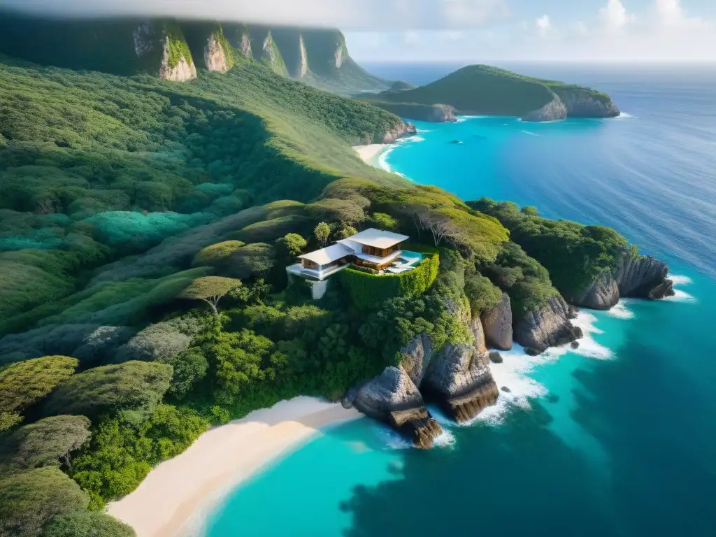 Propiedad costera exclusiva entre acantilados: lujo y privacidad Propiedades costeras exclusivas y privadas: Vista aérea de una propiedad privada entre acantilados, rodeada de naturaleza exuberante y aguas turquesas