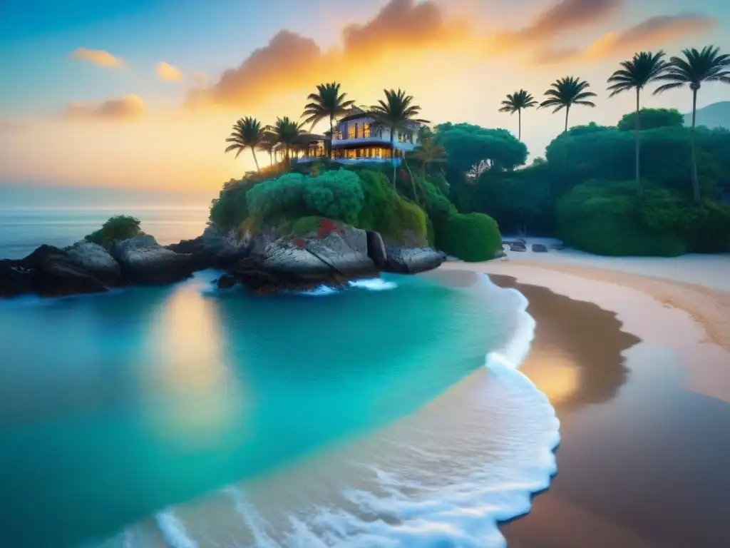 Paraíso costero exclusivo: atardecer dorado en playa privada Propiedades costeras exclusivas únicas: Atardecer vibrante sobre una cala aislada con aguas turquesas y villa de lujo en acantilado