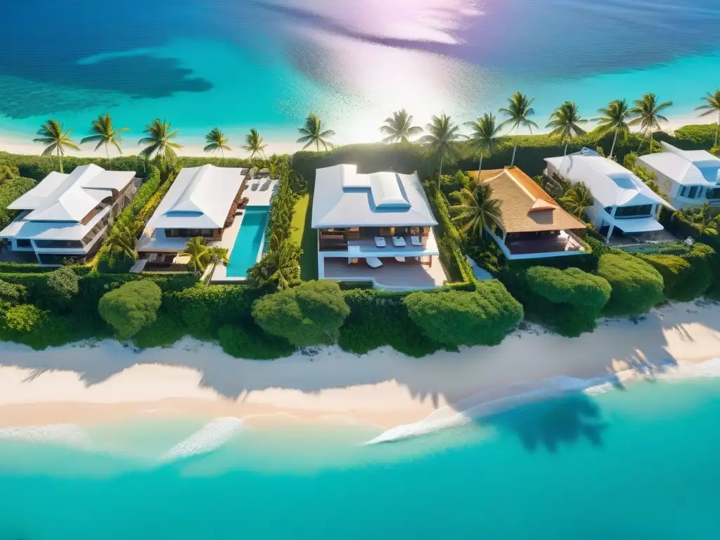 Invertir en propiedades costeras: Exclusivas villas frente al mar, aguas turquesas y atardecer vibrante