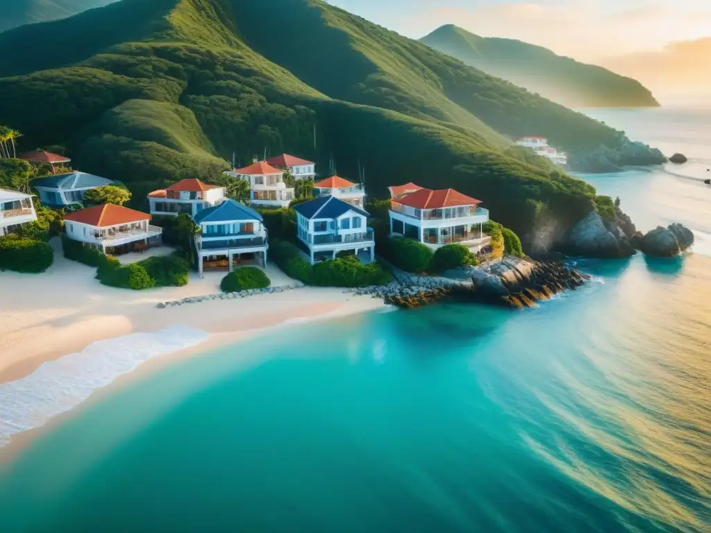 Inversión costera: lujo frente al mar para compradores internacionales Inversión en propiedades costeras extranjeras: lujosas residencias frente al mar con banderas extranjeras ondeando