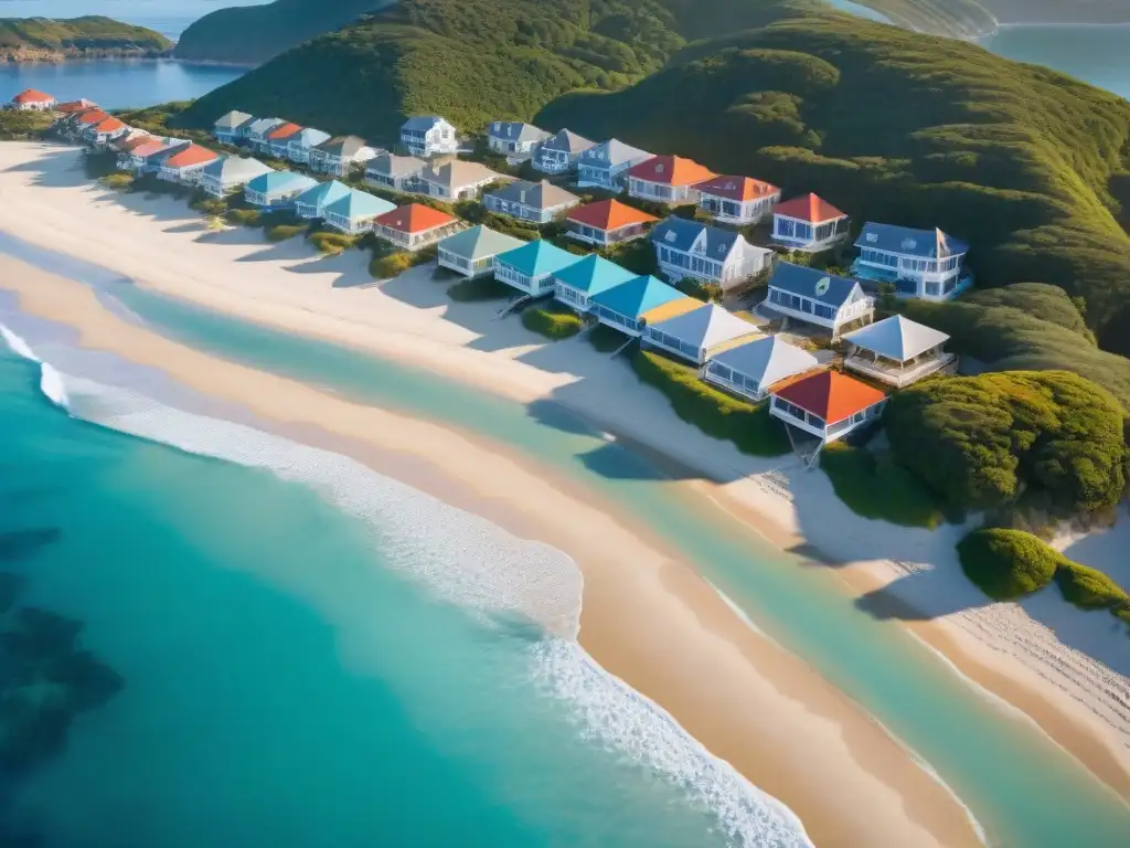 Exclusivas propiedades frente al mar al amanecer Propiedades costeras frente al mar: Lujosas casas en la playa al amanecer, con aguas turquesas y sombrillas coloridas