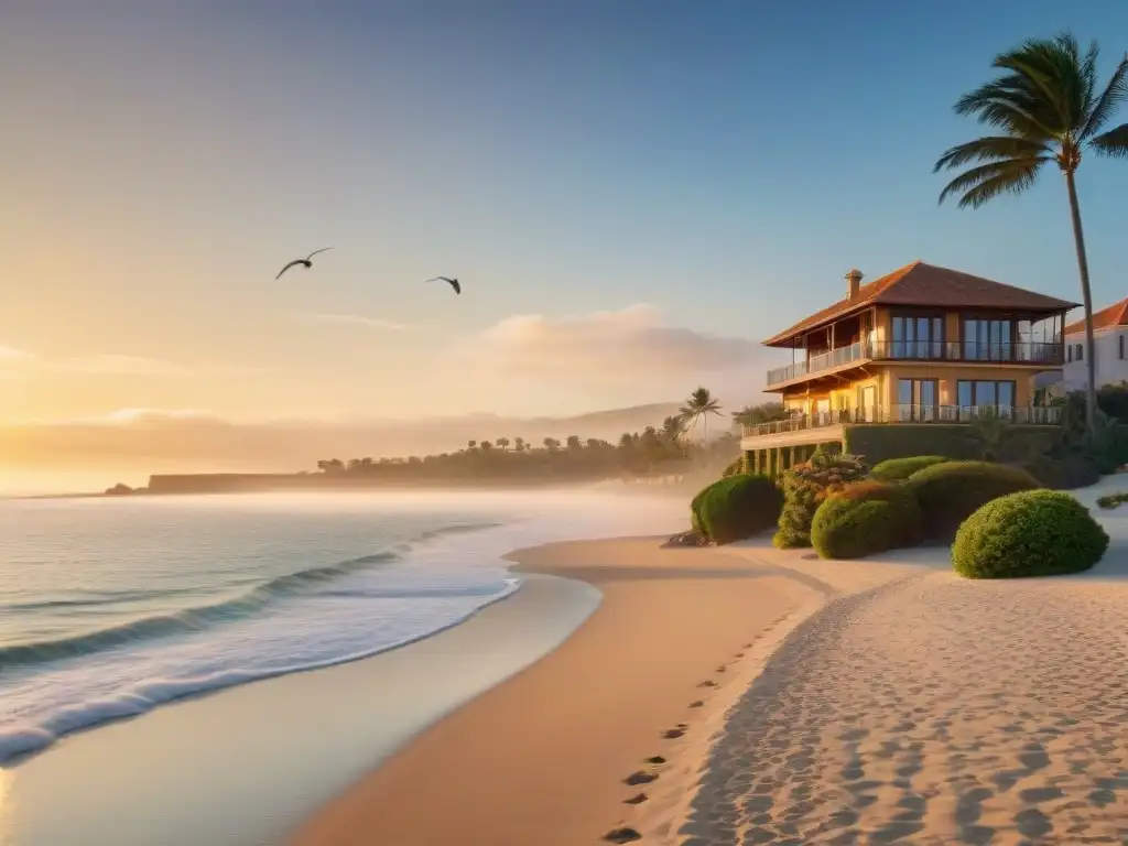 Amanecer dorado: lujosa propiedad costera al amanecer Propiedades costeras frente al mar en la tranquila luz del amanecer, con tonos dorados y vistas panorámicas