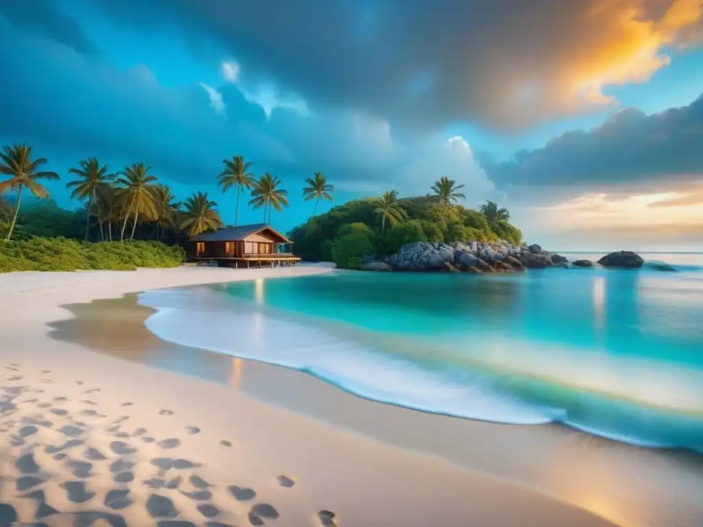 Resplandeciente atardecer en playa paradisíaca y exclusiva Propiedades costeras frente al mar: Atardecer dorado en una playa paradisíaca con aguas turquesa y palmeras meciéndose suavemente