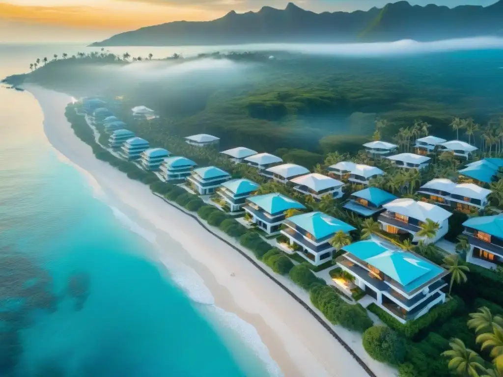 Inversión costera: lujo y naturaleza en armonía al atardecer Propiedades costeras inversión a largo plazo: Atardecer en costa virgen, aguas turquesas y playas doradas, lujosas residencias frente al mar