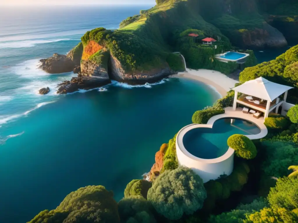 Propiedad costera de ensueño con piscina infinita privada Propiedades costeras: lujo en acantilado con vista al mar, piscina infinita y atardecer dorado