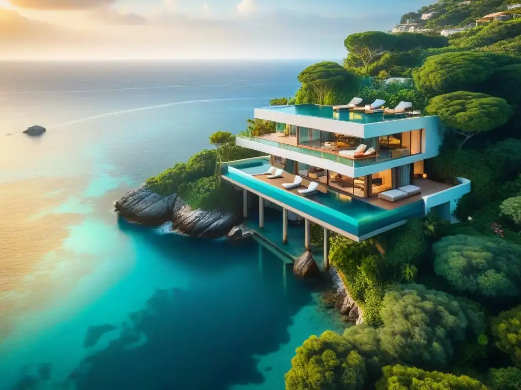 Villa de lujo con piscina infinita en acantilado: exclusividad y relax Propiedades costeras de lujo alquiler: lujosa villa en acantilado con piscina infinita y vistas al mar turquesa al atardecer