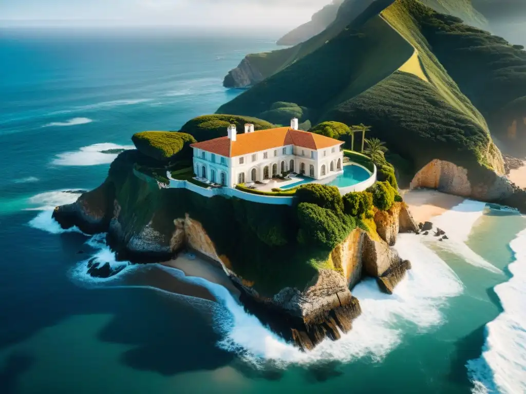 Residencia de lujo en acantilado: opulencia y fragilidad frente al mar Propiedades costeras de lujo amenazadas: Mansión en acantilado, rodeada de jardines, con olas poderosas erosionando la costa