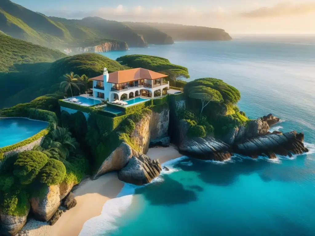 Propiedad de lujo en acantilado: inversión exclusiva frente al mar Propiedades costeras de lujo exclusivas: majestuosa mansión sobre acantilado con vistas al mar y atardecer dorado