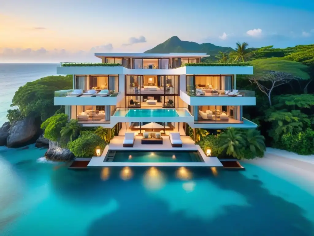 Mansión de lujo frente al mar: exclusividad y sofisticación Propiedades costeras de lujo exclusivas: mansión moderna frente al mar con piscina y vista panorámica al océano al atardecer