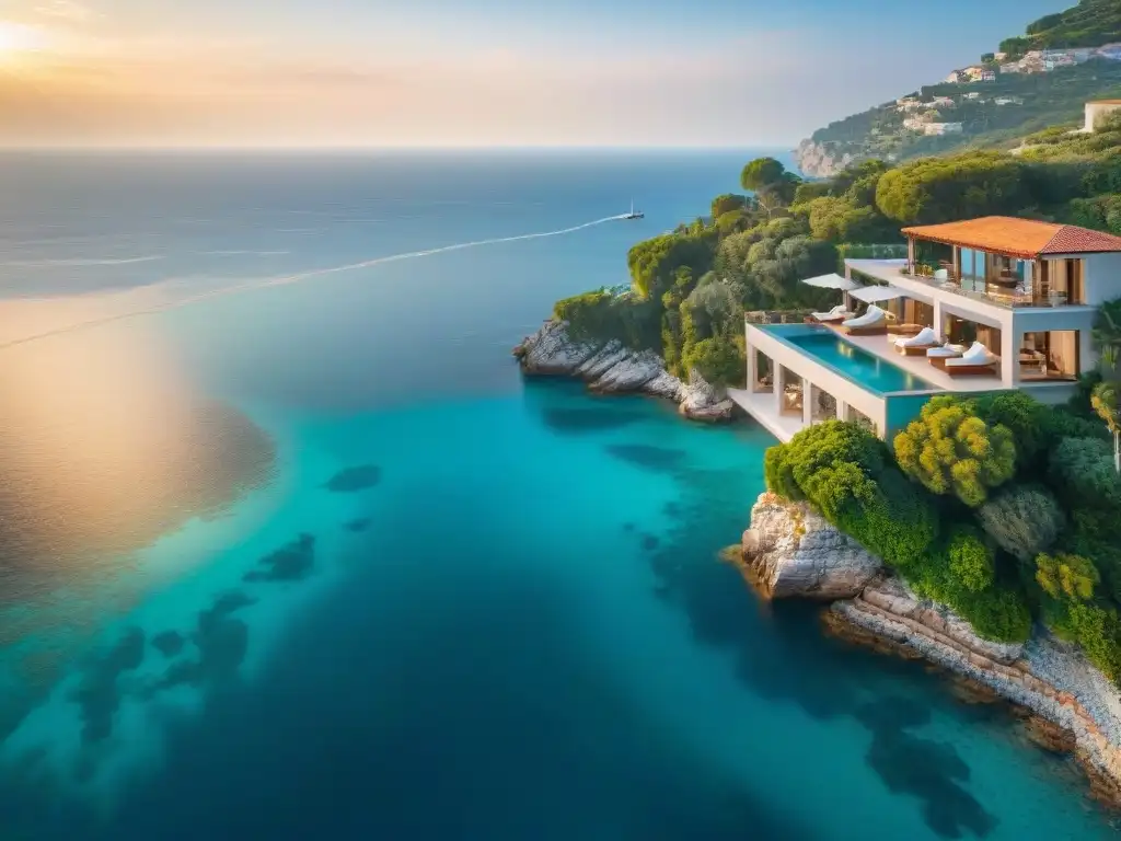 Villa de lujo frente al mar en acantilado mediterráneo Propiedades costeras de lujo alquiler: Villa de lujo en acantilado con piscina infinita y vistas al mar Mediterráneo al atardecer