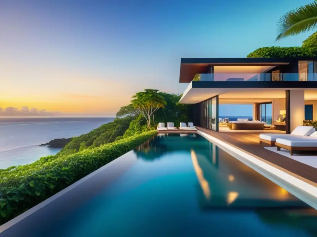 Propiedad costera de lujo al atardecer con piscina infinita privada Inversión en propiedades costeras de lujo: Residencia moderna con vista al mar, piscina infinita y yate en muelle privado al atardecer