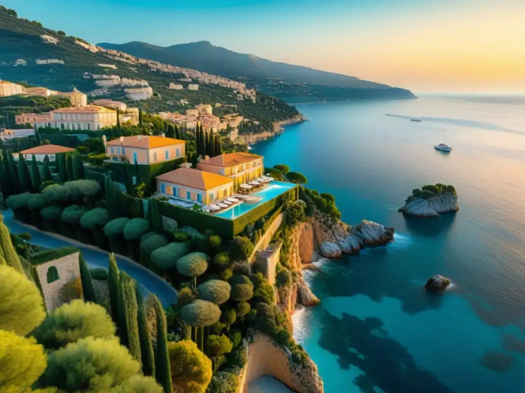 Costa Azul al atardecer: lujo costero en la Riviera Francesa Propiedades costeras de lujo en la Riviera Francesa al atardecer, con vistas al Mediterráneo