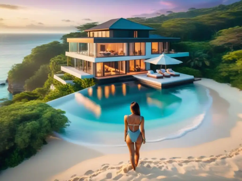 Propiedad de lujo frente al mar: mansión moderna con vistas espectaculares Propiedades costeras de lujo seleccionadas: Mansión moderna con vista al mar turquesa y atardecer vibrante