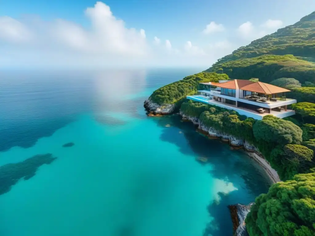 Propiedad costera de lujo: vistas panorámicas y arquitectura moderna Propiedades costeras de lujo seleccionadas: mansión moderna en acantilado con piscina infinita y vistas al mar turquesa