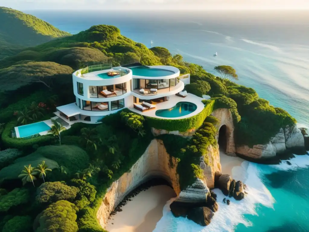 Residencia de lujo en acantilado con piscina infinita frente al mar Propiedades costeras de lujo seleccionadas: Mansión moderna con piscina infinita y vistas al mar desde un acantilado al atardecer