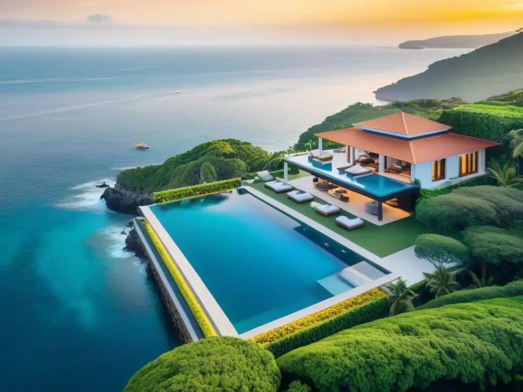 Villa de lujo con piscina infinita frente al mar al atardecer Propiedades costeras de lujo: Una vista aérea impresionante de una villa con piscina infinita privada, rodeada de exuberante vegetación y el mar azul